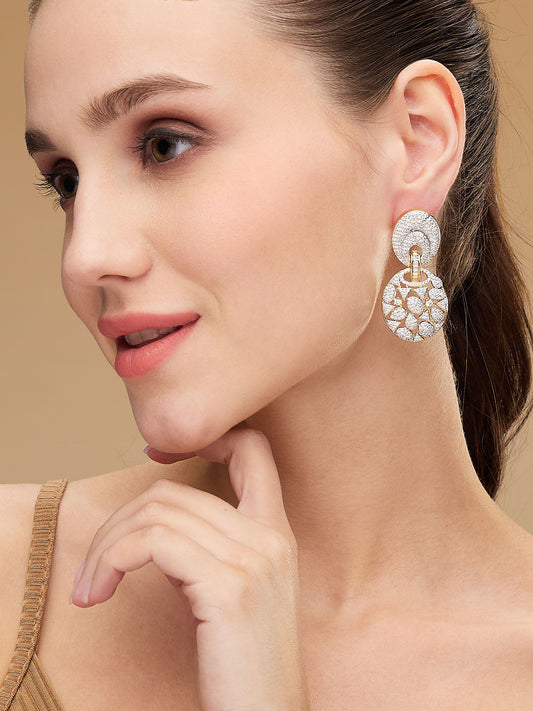 Gold-Plated Dual Toned AD & CZ Studded Oval Shaped Drop Earrings