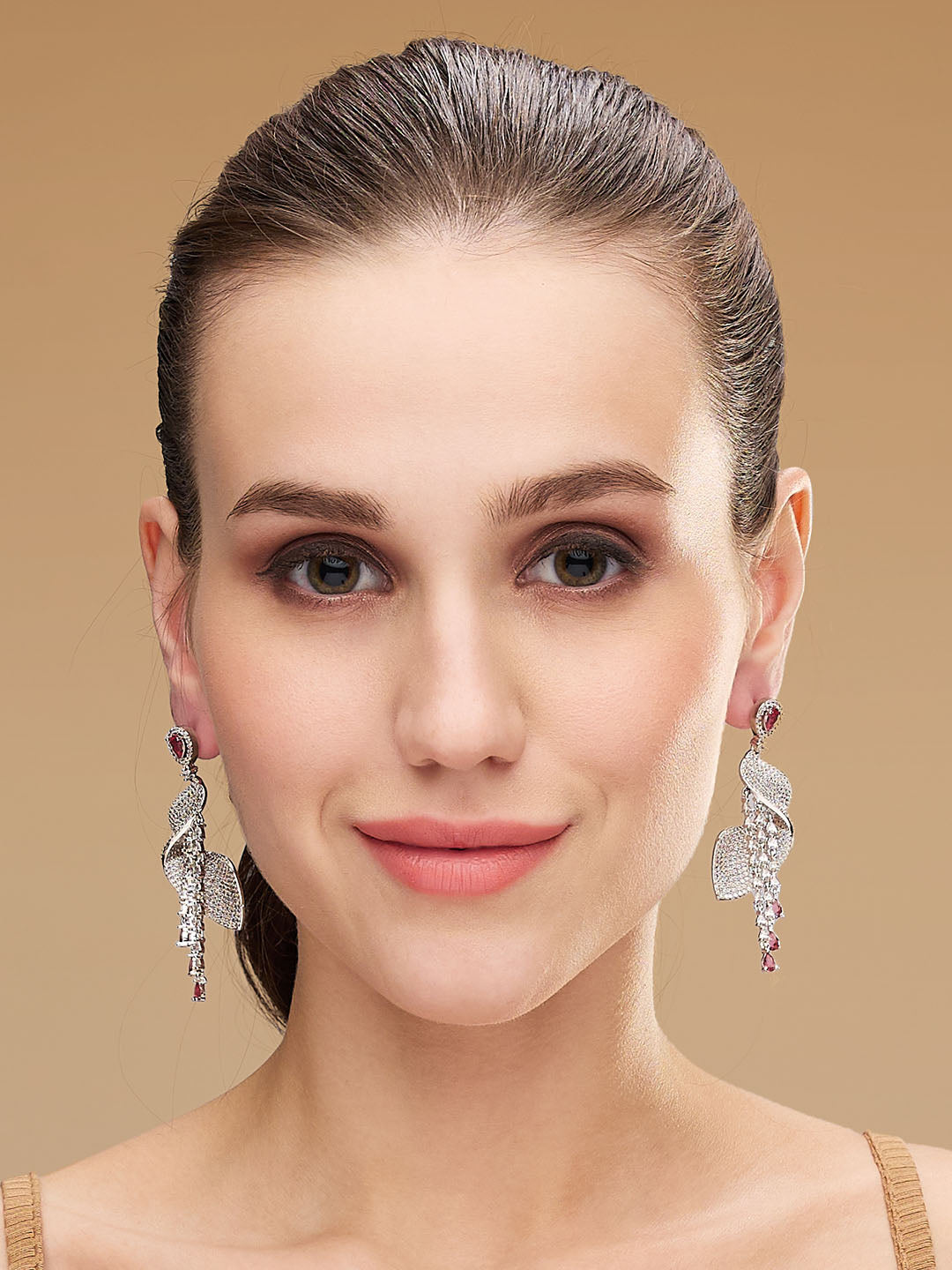 Silver-Plated Red Ruby AD & CZ Studded Contemporary Shaped Drop Earrings