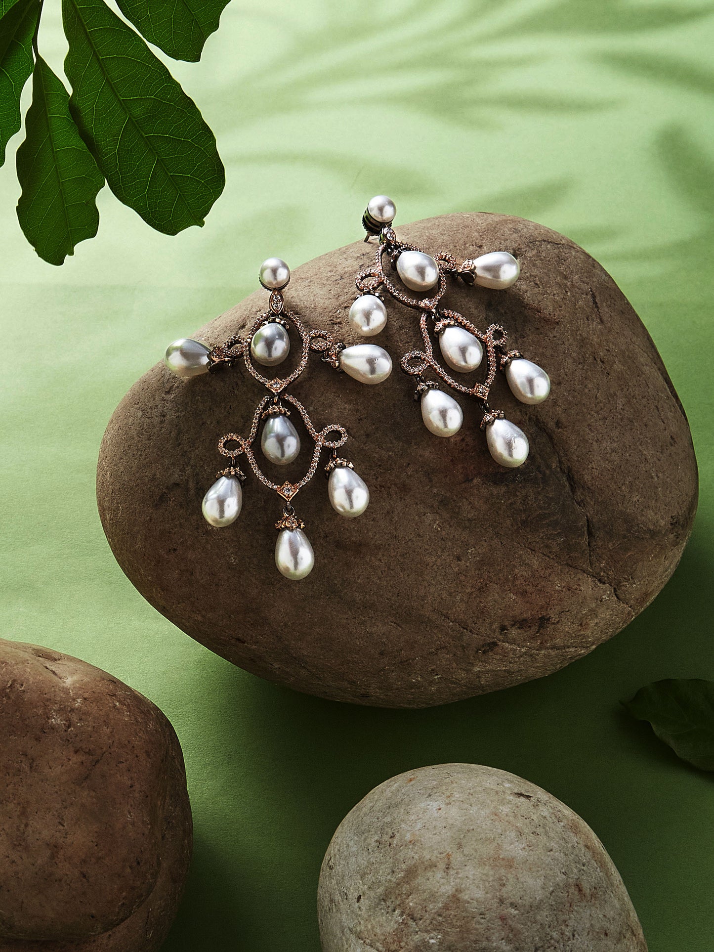 Rose Gold-Plated CZ Studded & Pearls Beaded Contemporary Drop Earrings