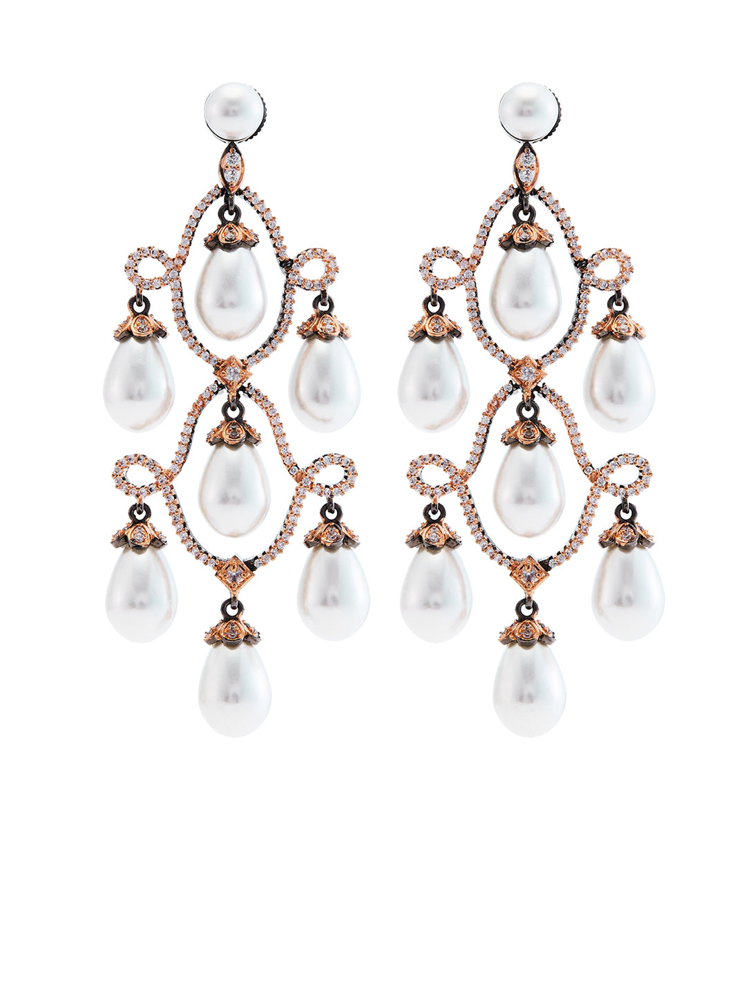 Rose Gold-Plated CZ Studded & Pearls Beaded Contemporary Drop Earrings
