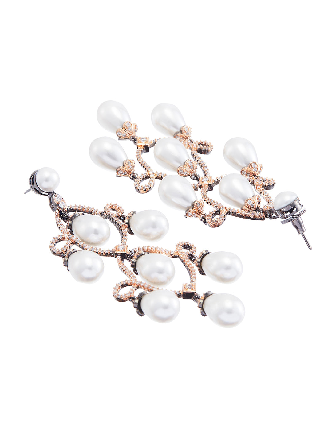 Rose Gold-Plated CZ Studded & Pearls Beaded Contemporary Drop Earrings