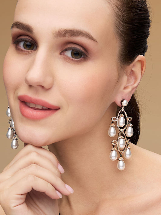 Rose Gold-Plated CZ Studded & Pearls Beaded Contemporary Drop Earrings