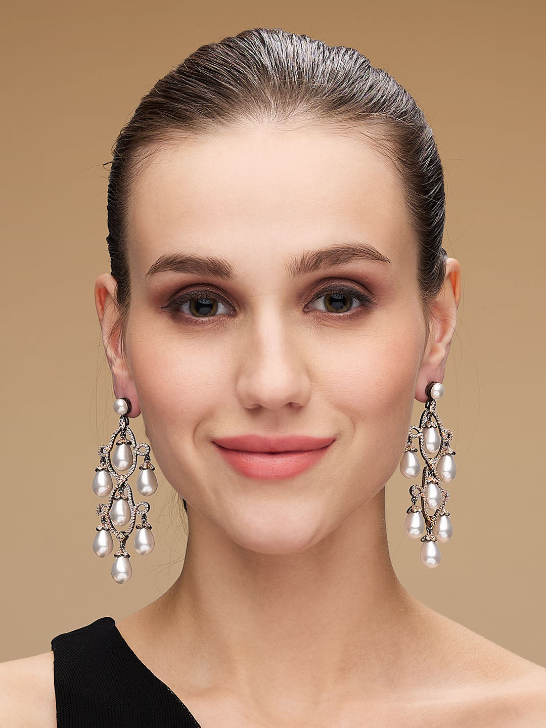 Rose Gold-Plated CZ Studded & Pearls Beaded Contemporary Drop Earrings