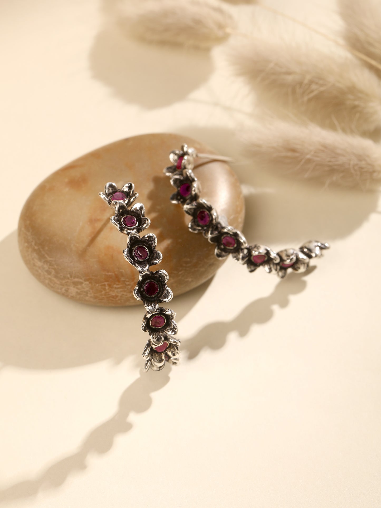 Silver-Plated Artificial Stones Contemporary Oxidised Half Hoop Earrings