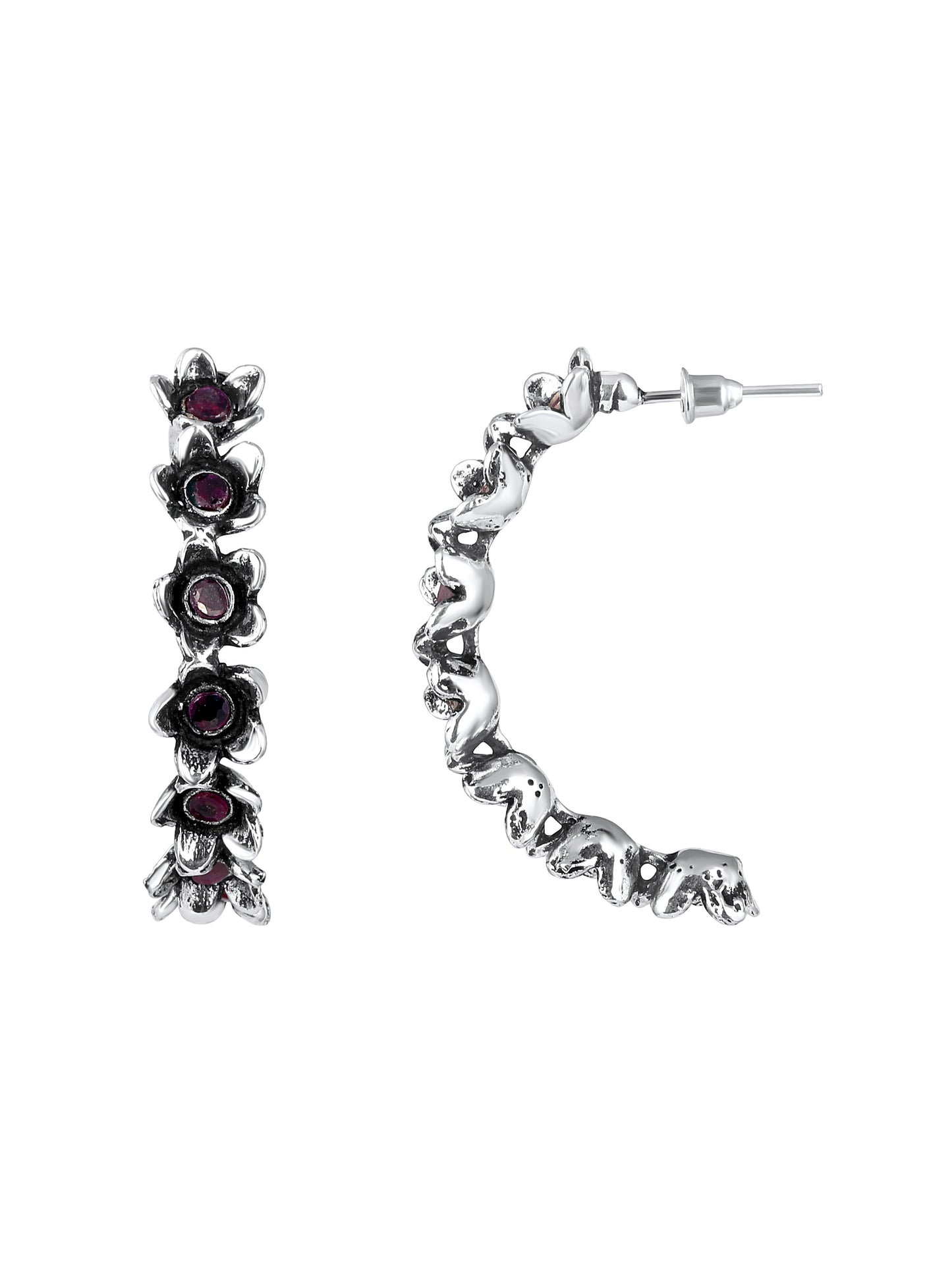 Silver-Plated Artificial Stones Contemporary Oxidised Half Hoop Earrings