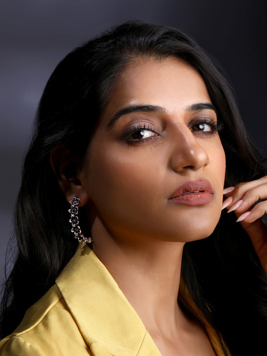 Silver-Plated Artificial Stones Contemporary Oxidised Half Hoop Earrings