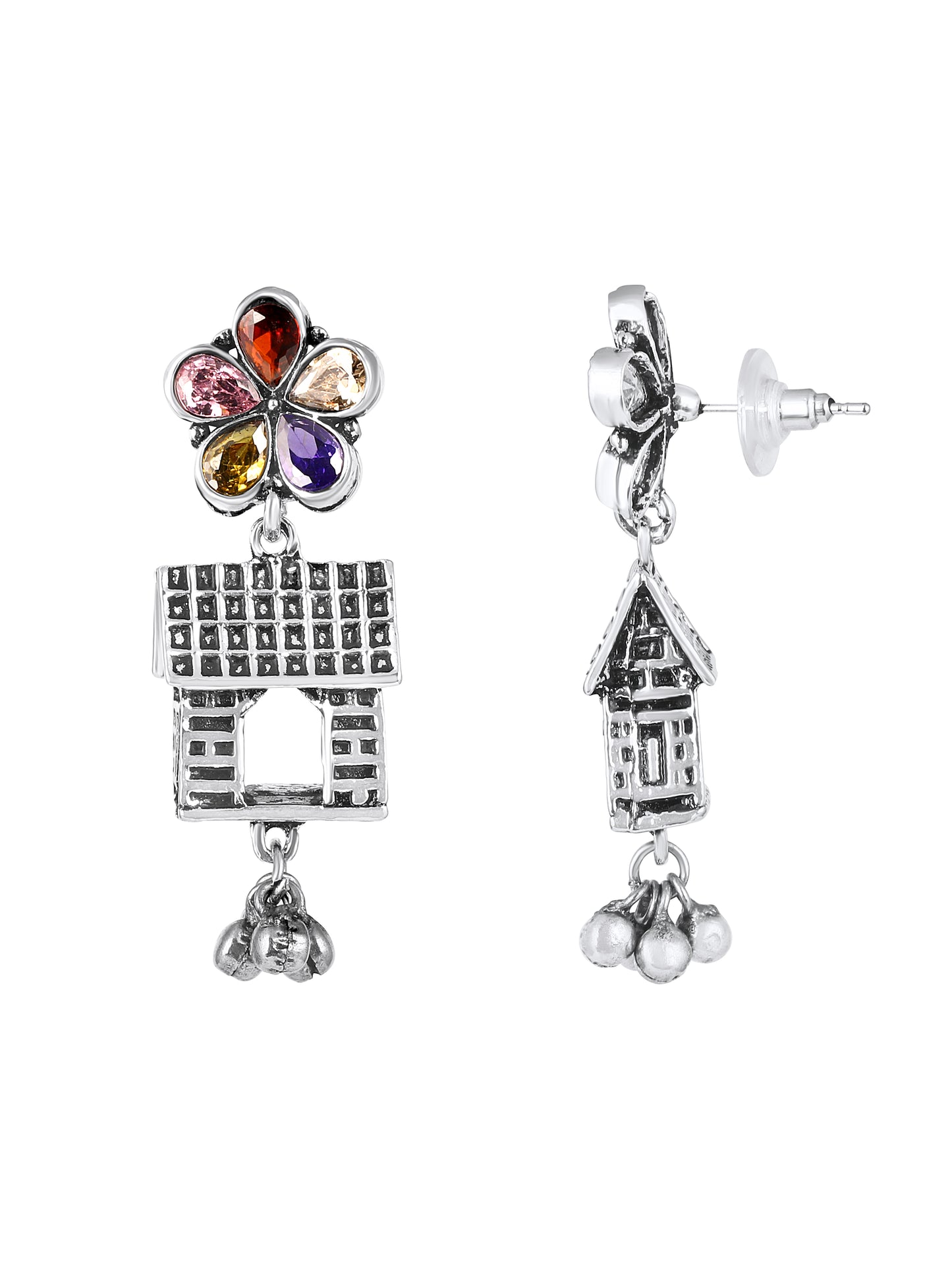 Silver-Plated AD Studded House Shaped Oxidised Drop Earrings