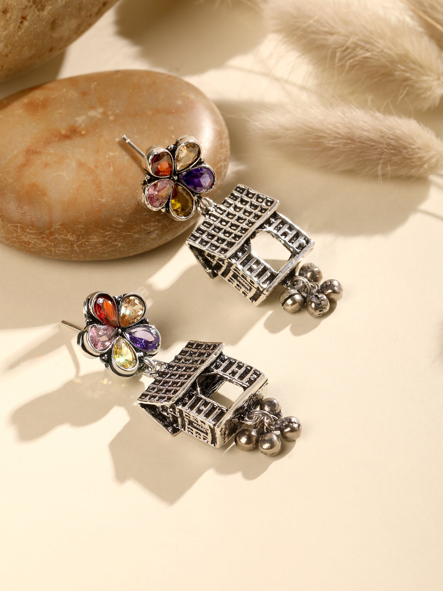 Silver-Plated AD Studded House Shaped Oxidised Drop Earrings