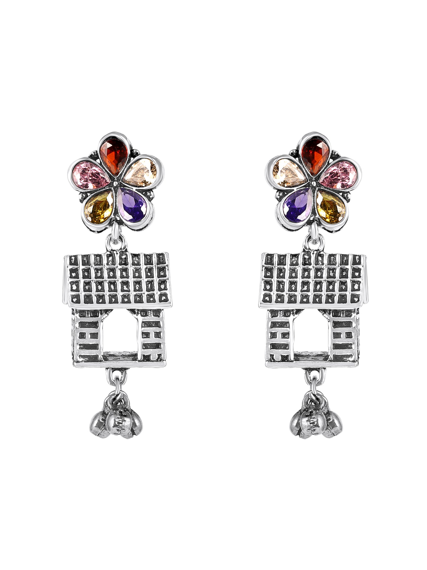 Silver-Plated AD Studded House Shaped Oxidised Drop Earrings