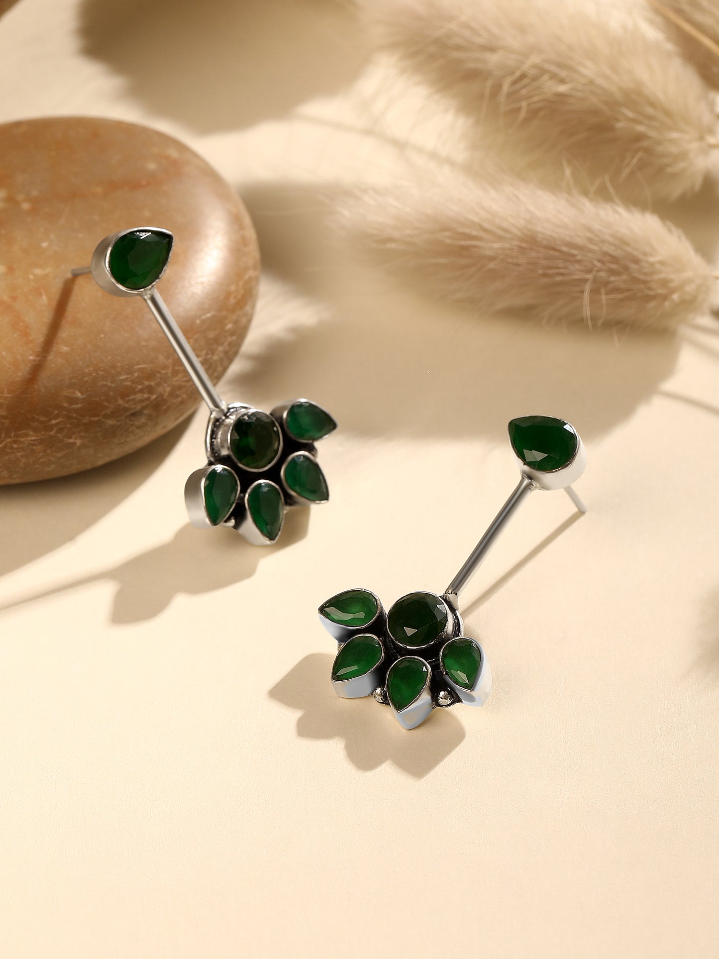 Silver-Plated Emerald Studded Floral Oxidised Studs