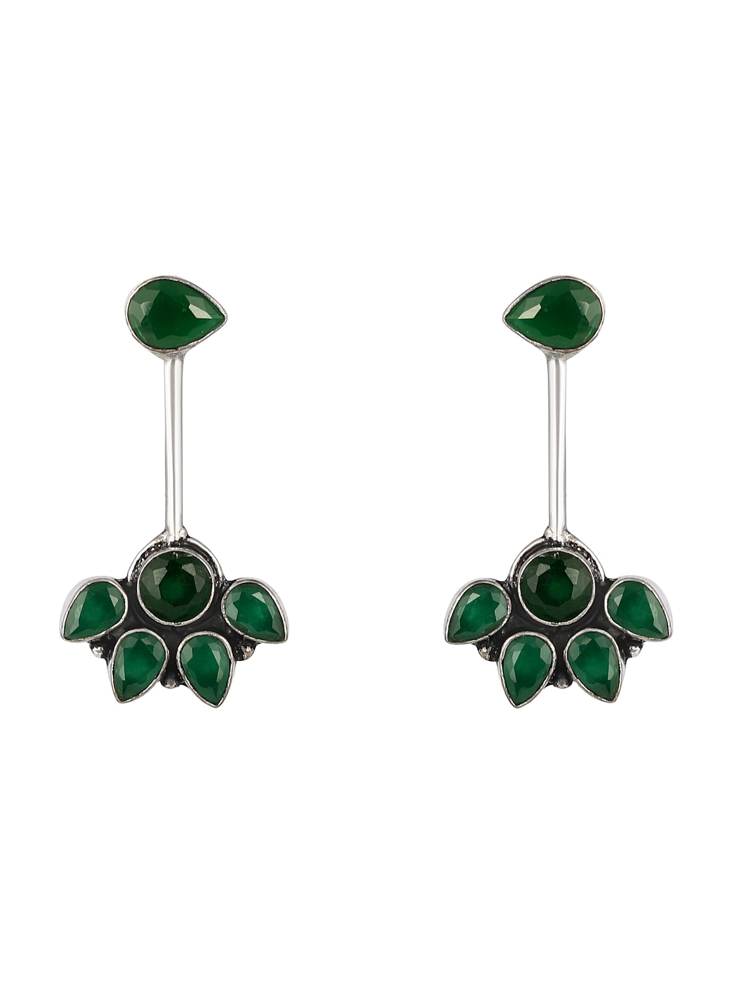 Silver-Plated Emerald Studded Floral Oxidised Studs