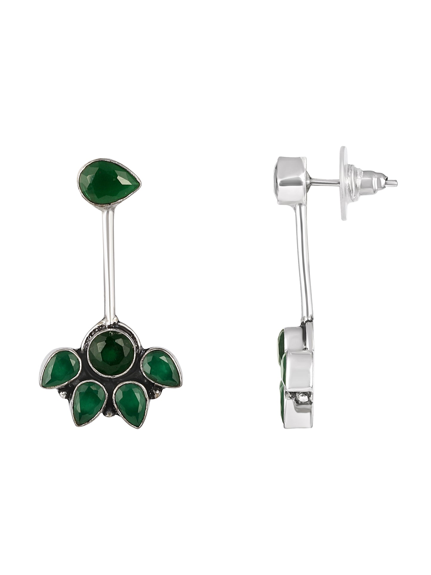 Silver-Plated Emerald Studded Floral Oxidised Studs