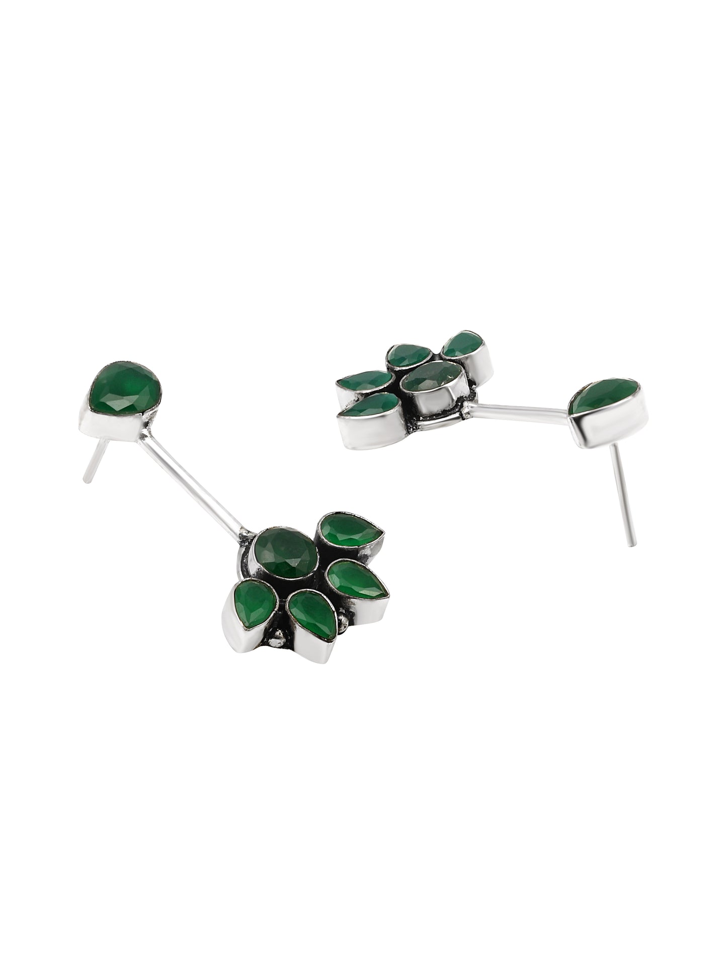 Silver-Plated Emerald Studded Floral Oxidised Studs