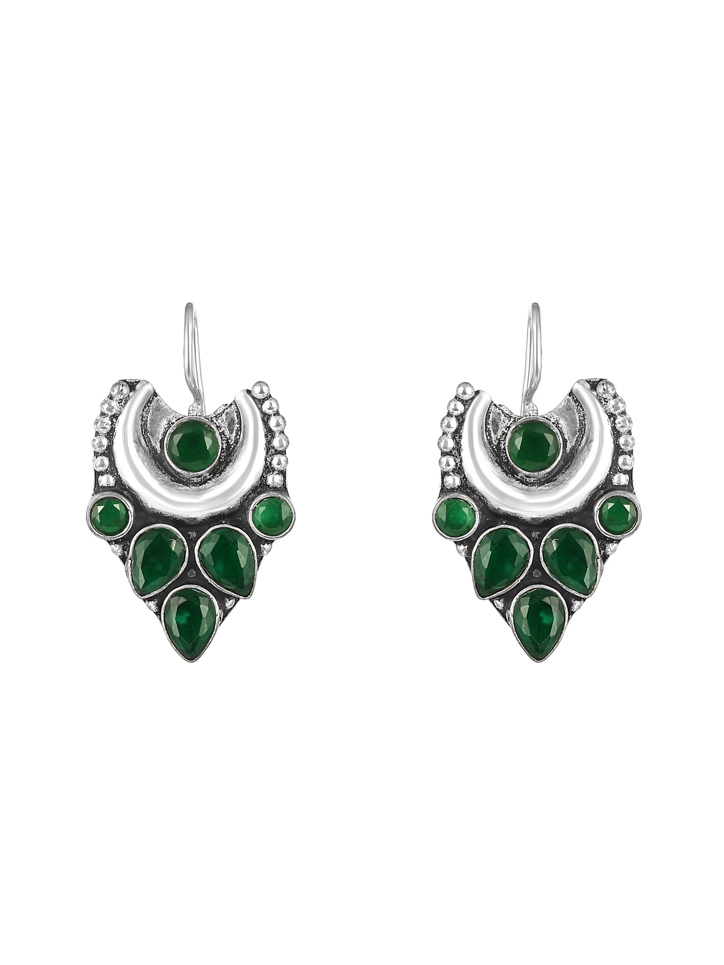 Silver-Plated Emerald Studded Crescent Shaped Oxidised Studs