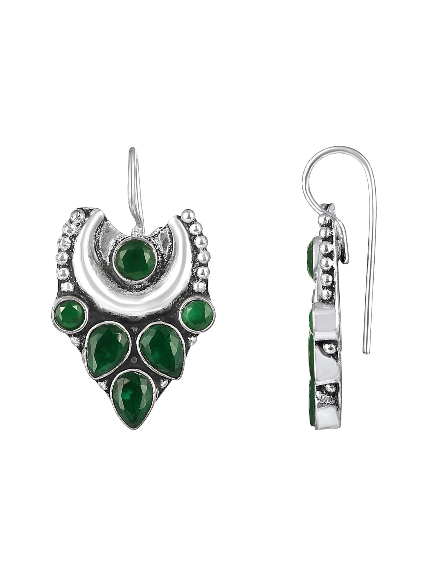 Silver-Plated Emerald Studded Crescent Shaped Oxidised Studs