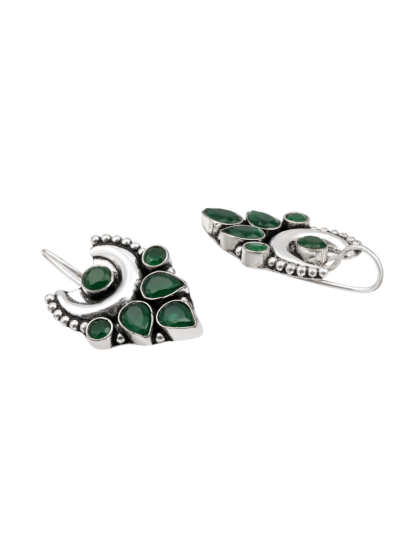 Silver-Plated Emerald Studded Crescent Shaped Oxidised Studs