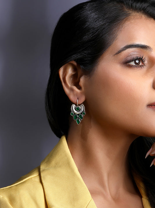 Silver-Plated Emerald Studded Crescent Shaped Oxidised Studs