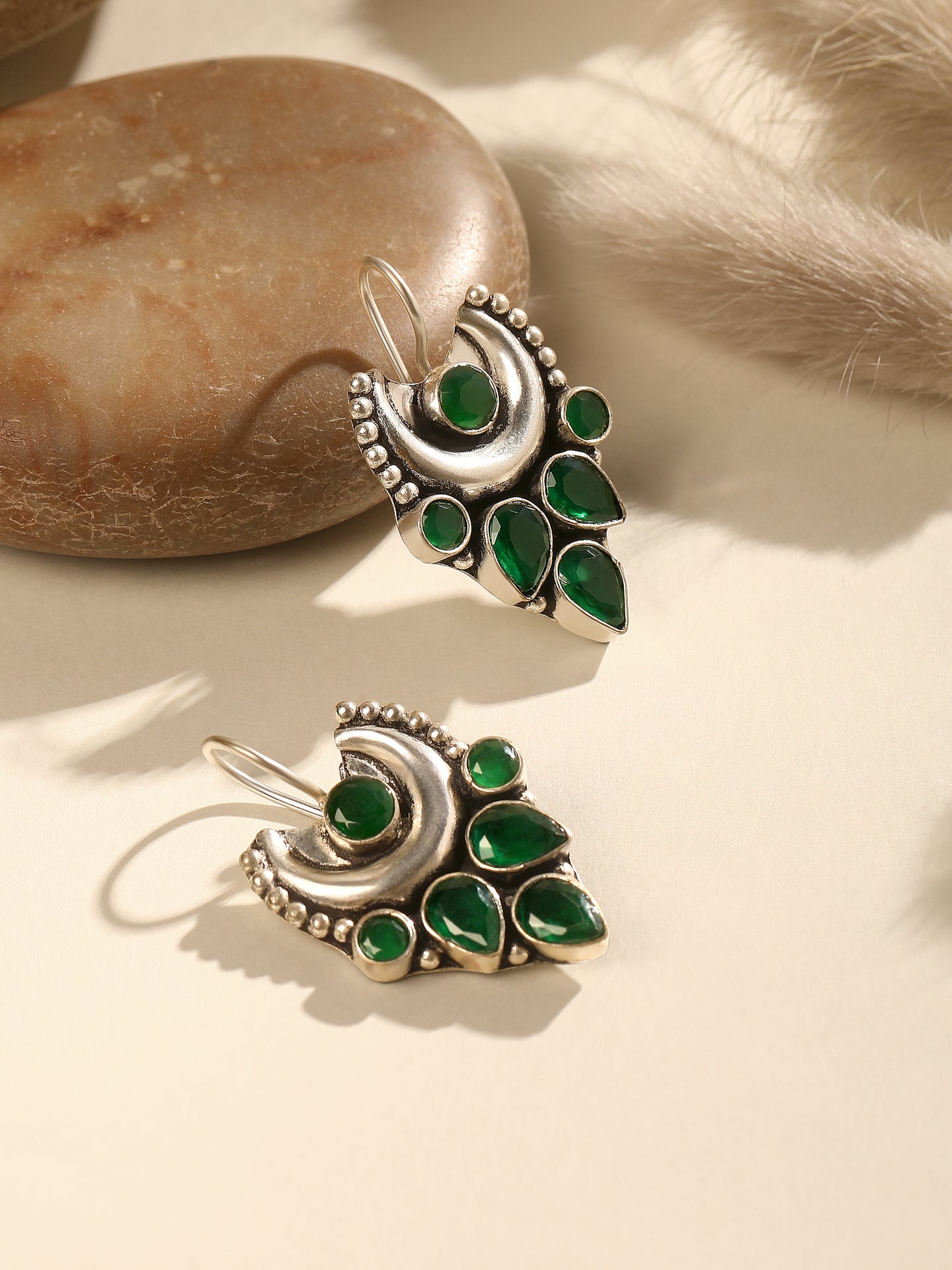 Silver-Plated Emerald Studded Crescent Shaped Oxidised Studs