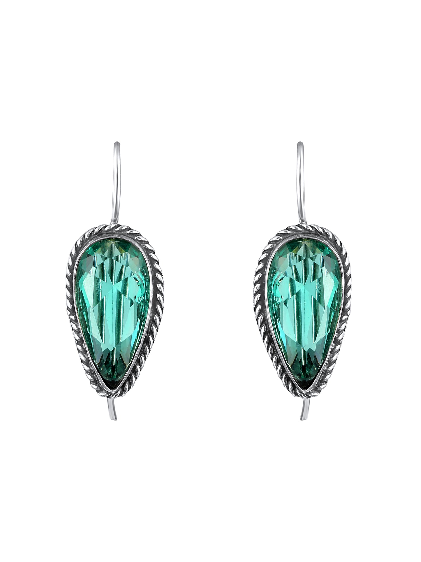 Silver-Plated Emerald Studded Oxidised Teardrop Shaped Hoop Earrings