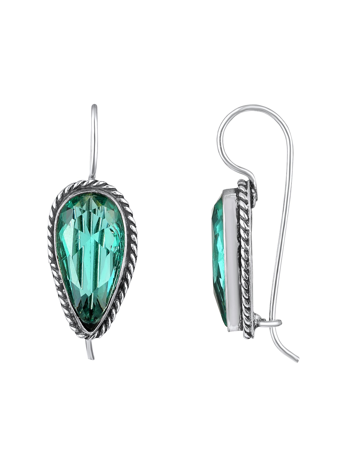 Silver-Plated Emerald Studded Oxidised Teardrop Shaped Hoop Earrings