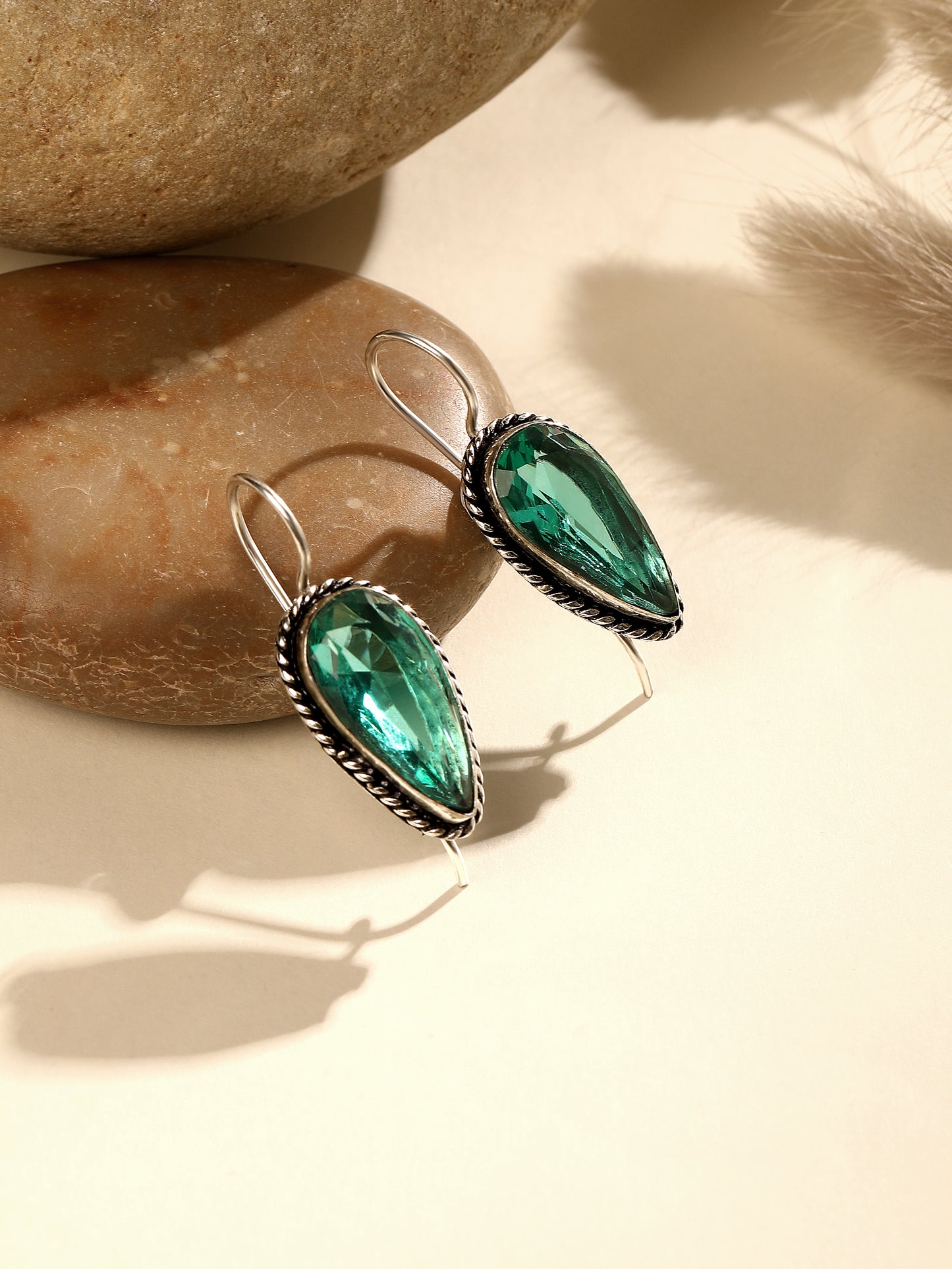 Silver-Plated Emerald Studded Oxidised Teardrop Shaped Hoop Earrings