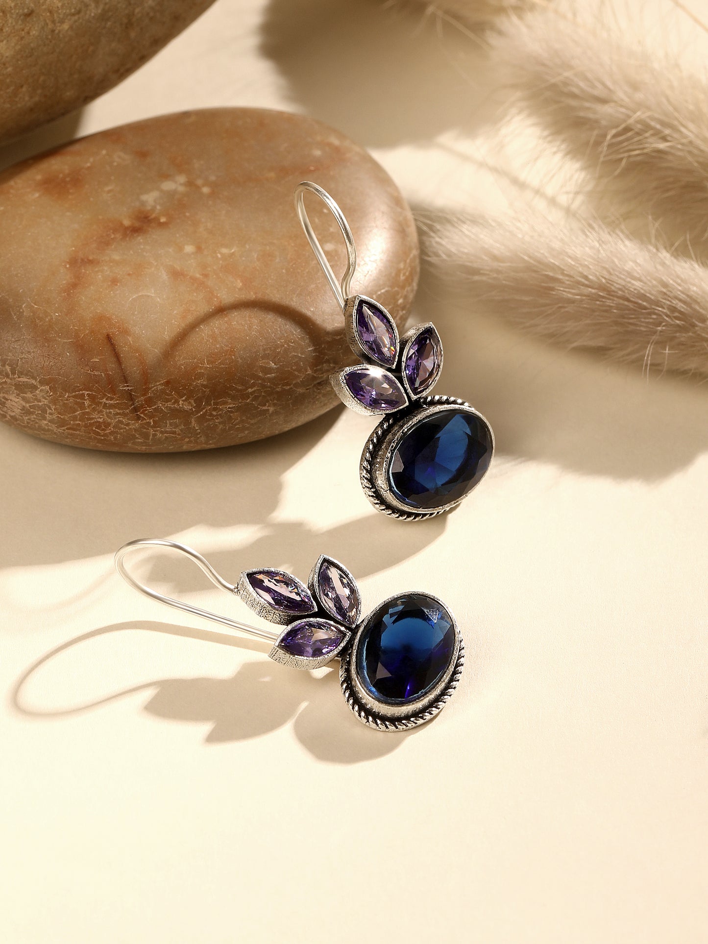 Silver-Plated Blue Sapphire Stones Studded Floral Oxidised Studs