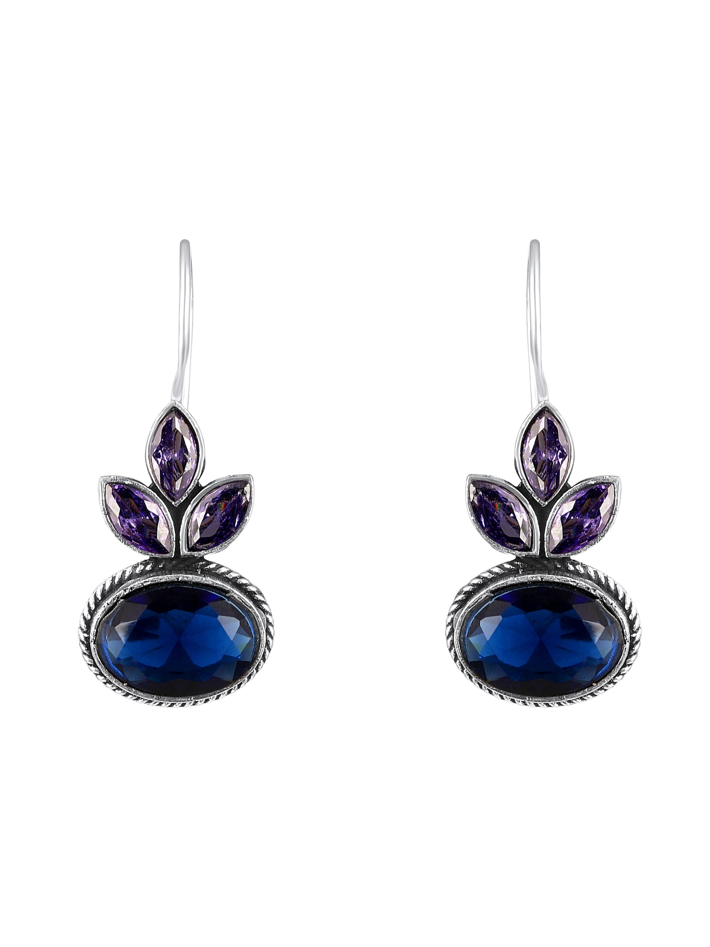 Silver-Plated Blue Sapphire Stones Studded Floral Oxidised Studs
