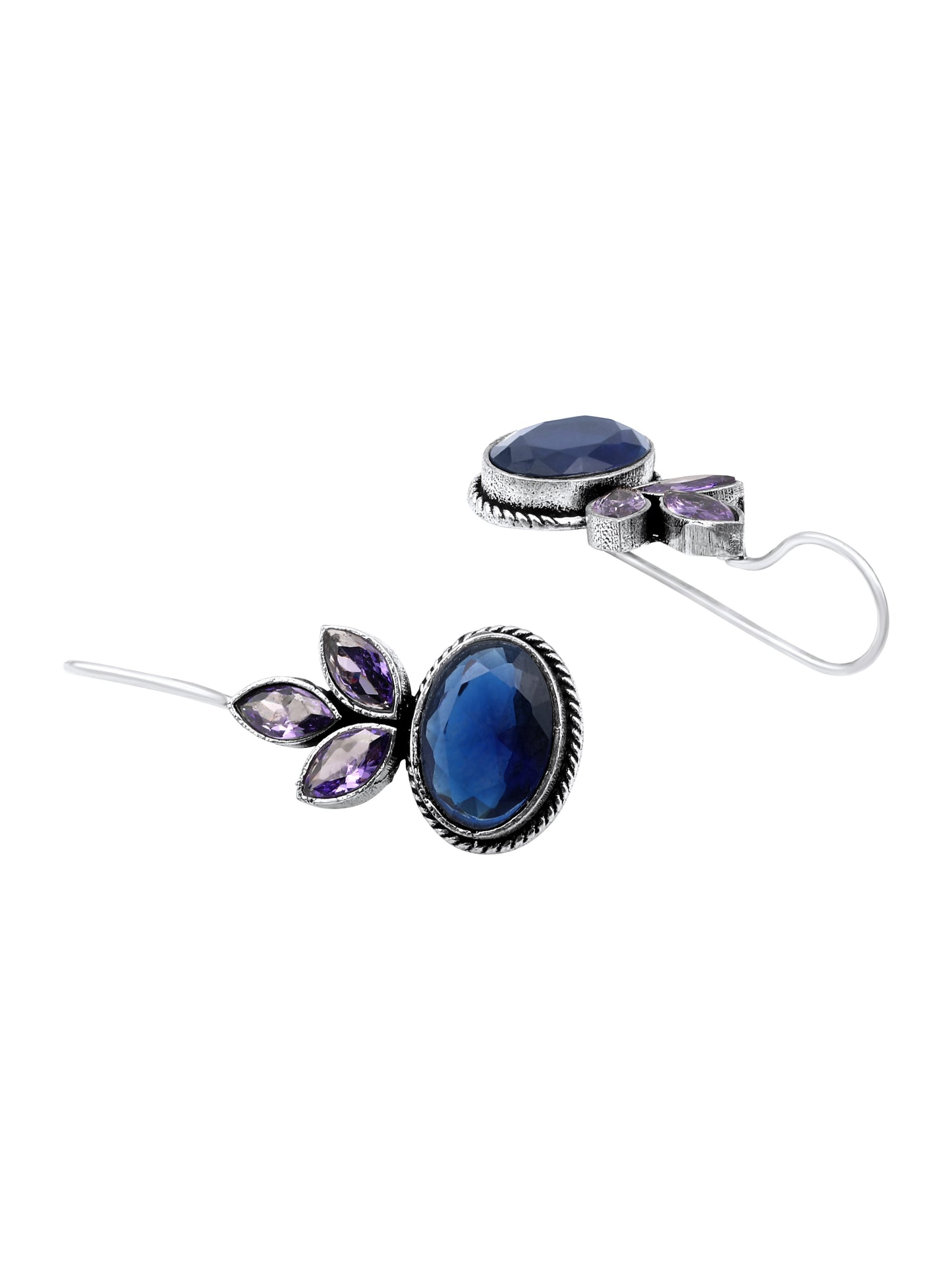 Silver-Plated Blue Sapphire Stones Studded Floral Oxidised Studs