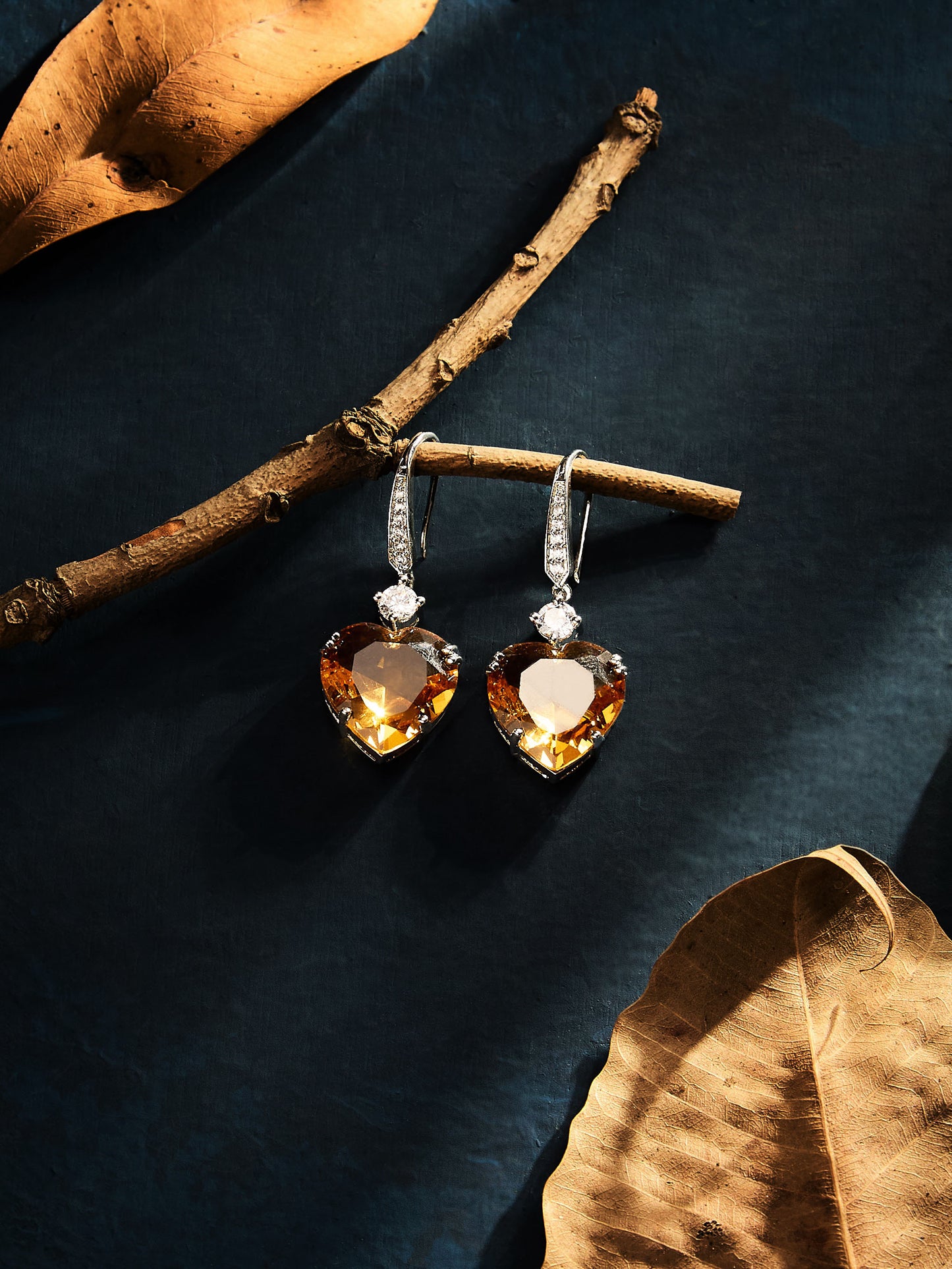 Rhodium-Plated Topaz AD & CZ Studded Heart shaped Drop Earrings