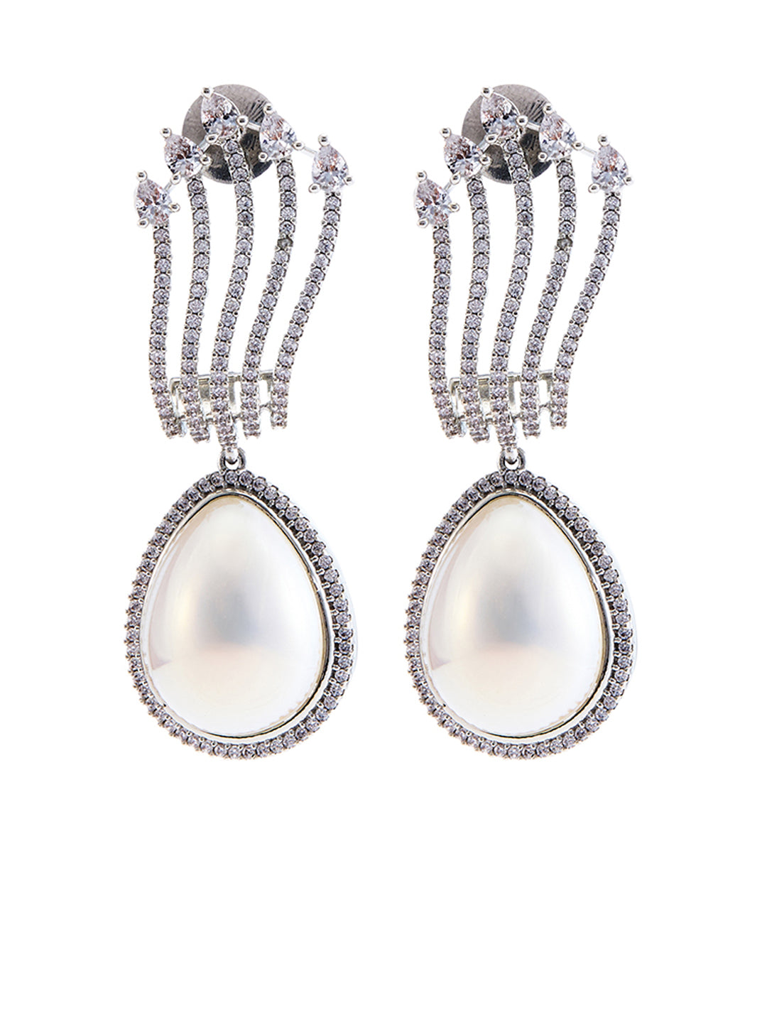 Rhodium-Plated CZ Studded & Pearls Beaded Teardrop Shaped Drop Earrings