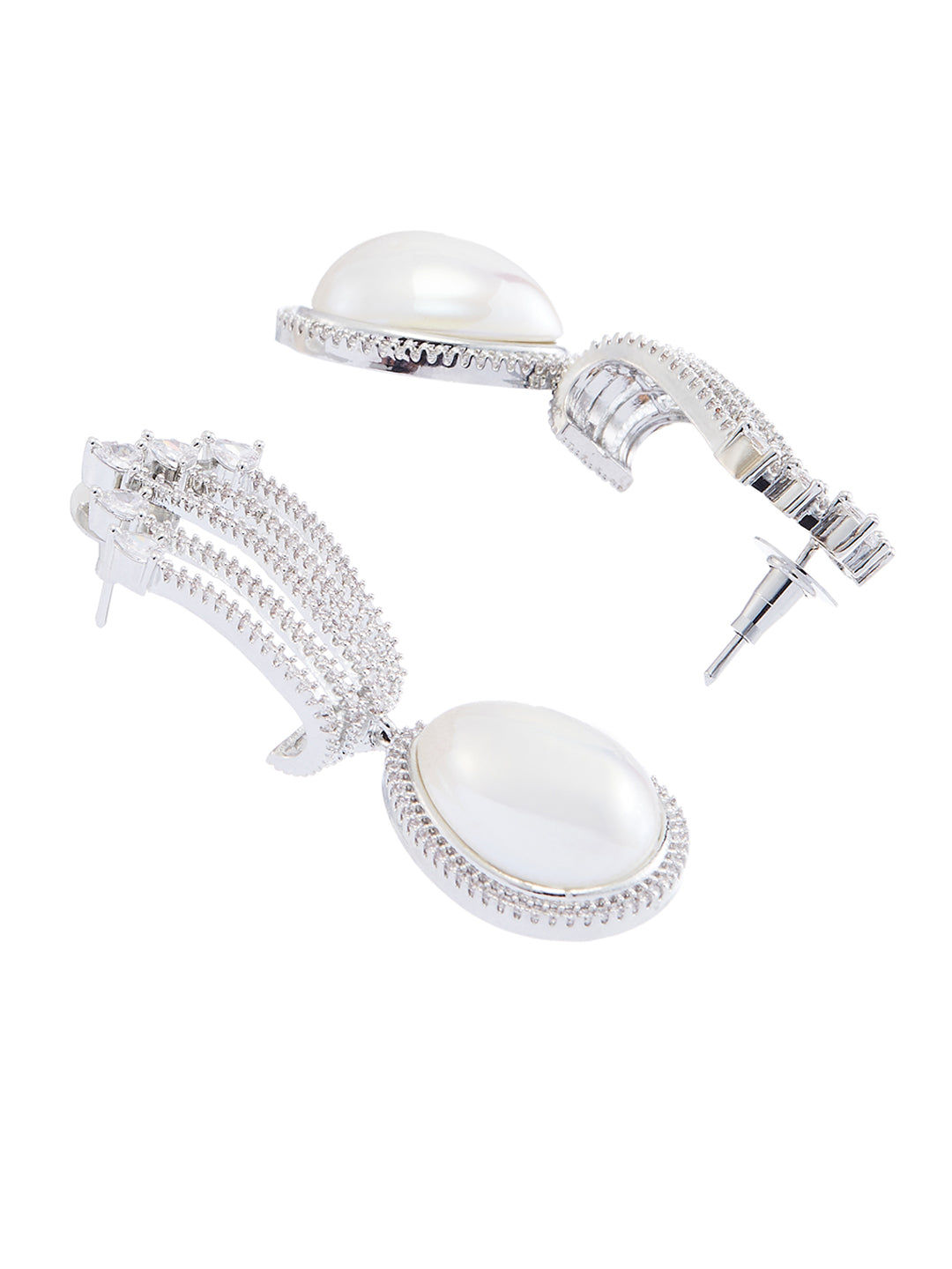 Rhodium-Plated CZ Studded & Pearls Beaded Teardrop Shaped Drop Earrings