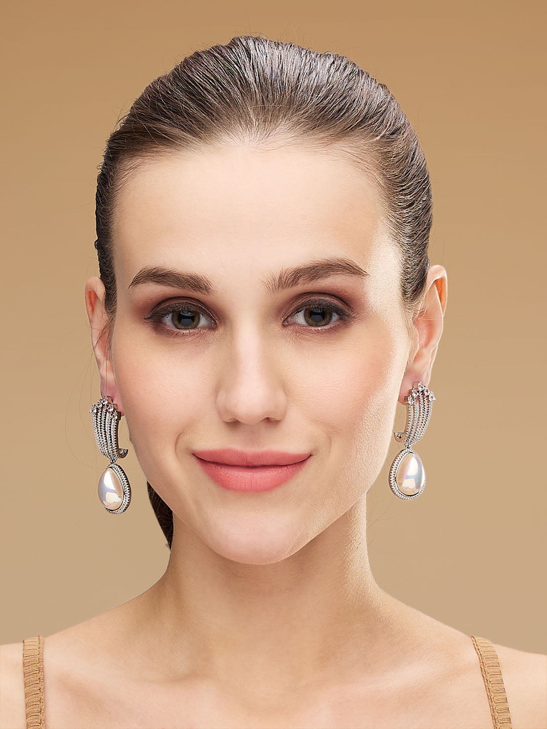 Rhodium-Plated CZ Studded & Pearls Beaded Teardrop Shaped Drop Earrings