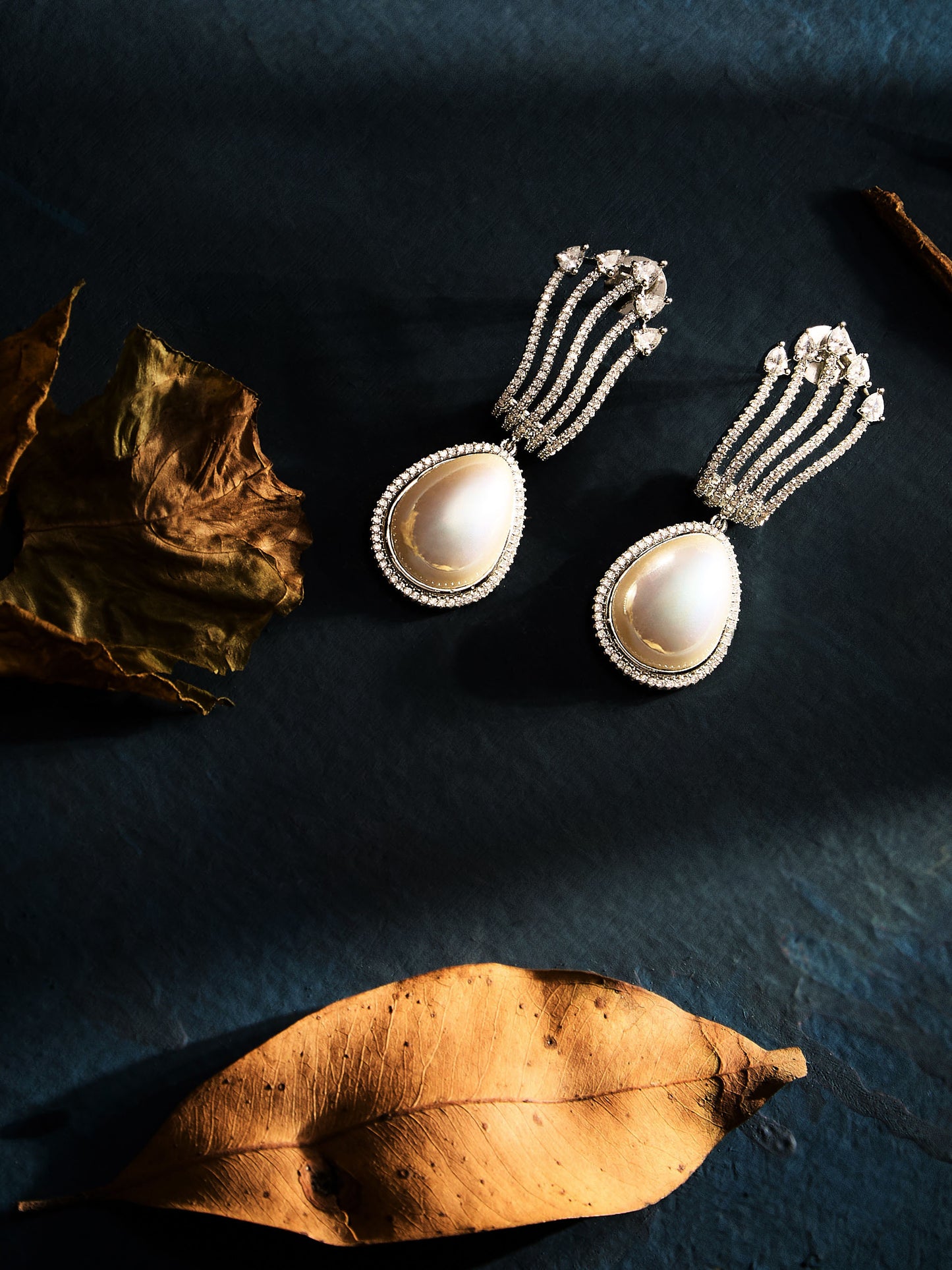 Rhodium-Plated CZ Studded & Pearls Beaded Teardrop Shaped Drop Earrings