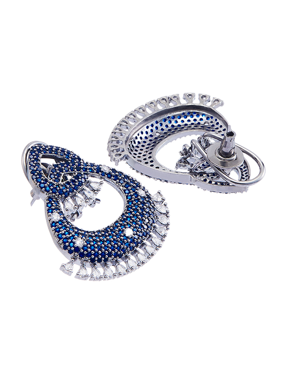 Rhodium-Plated Blue Sapphire & AD Studded Teardrop Shaped Studs