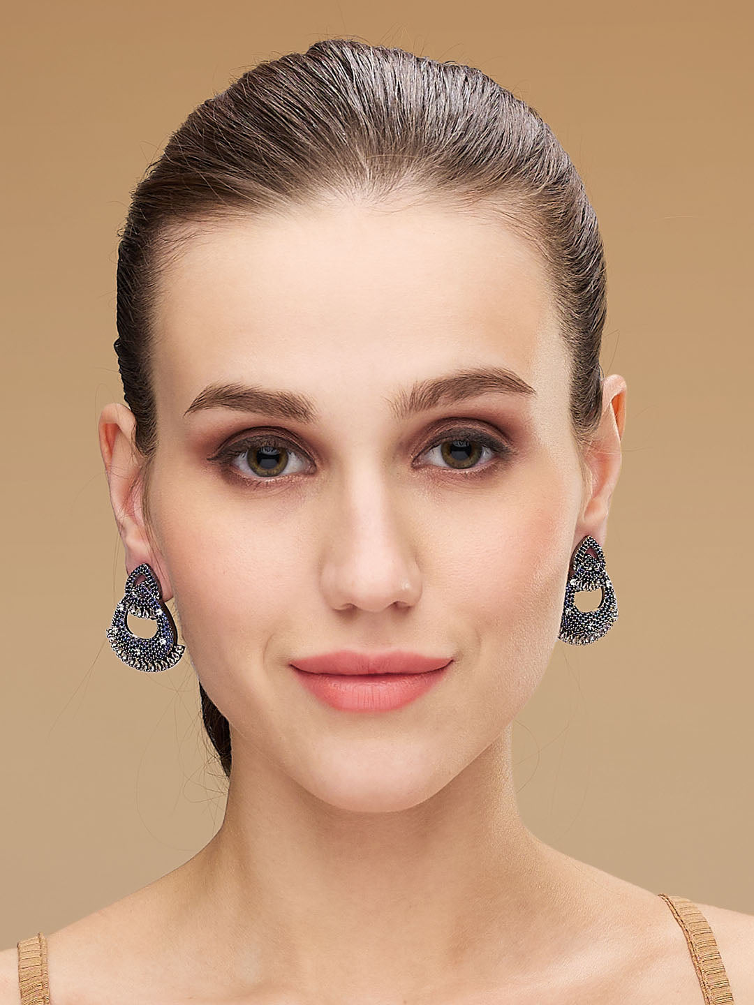 Rhodium-Plated Blue Sapphire & AD Studded Teardrop Shaped Studs