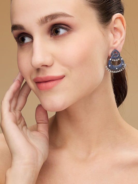 Rhodium-Plated Blue Sapphire & AD Studded Teardrop Shaped Studs