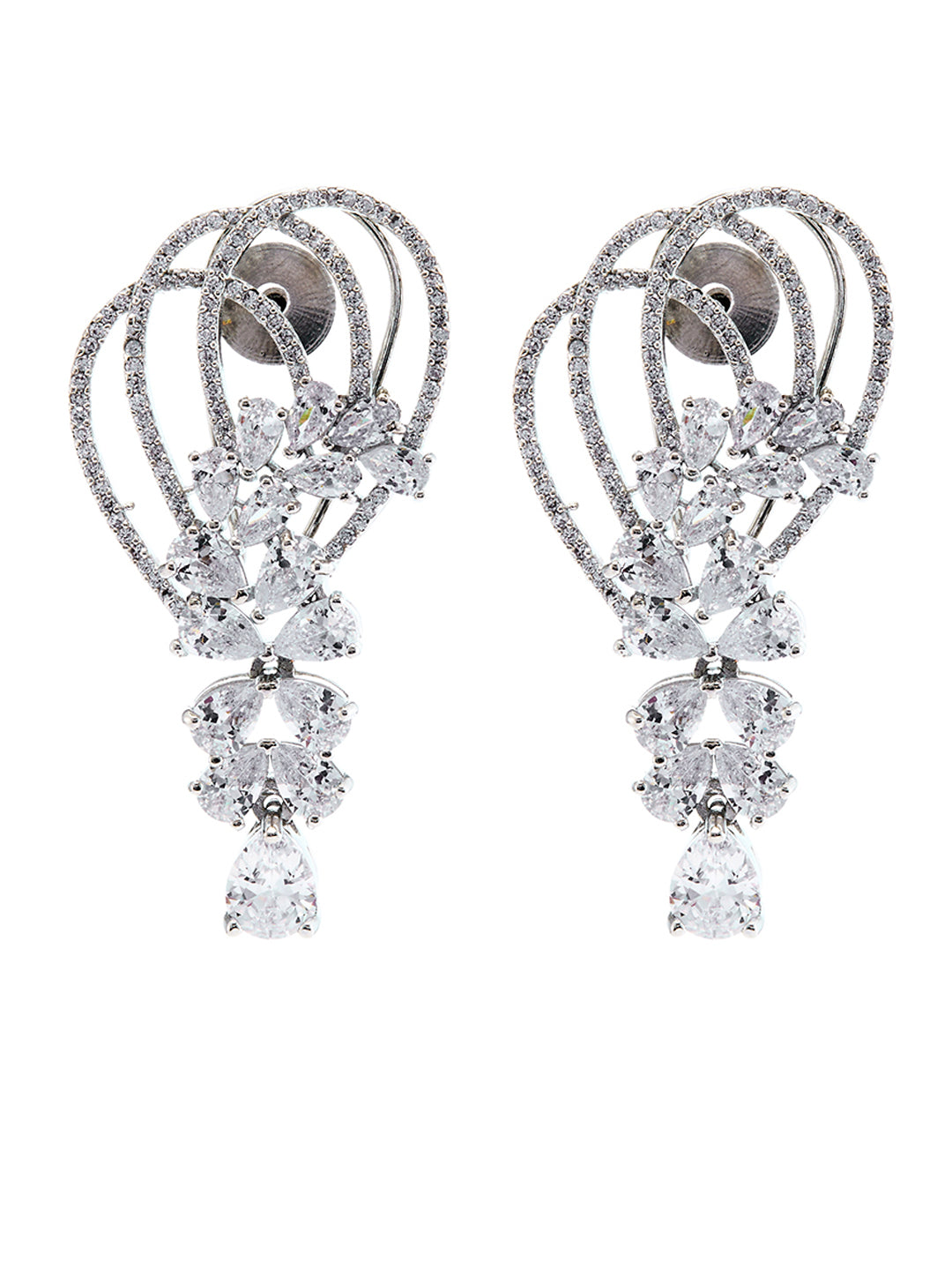 Rhodium-Plated American Diamond & CZ Studded Contemporary Drop Earrings