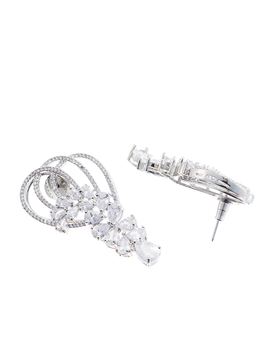 Rhodium-Plated American Diamond & CZ Studded Contemporary Drop Earrings