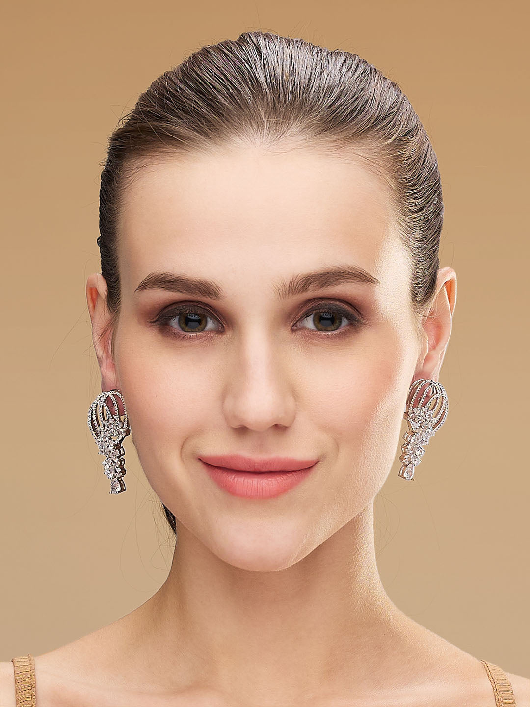 Rhodium-Plated American Diamond & CZ Studded Contemporary Drop Earrings