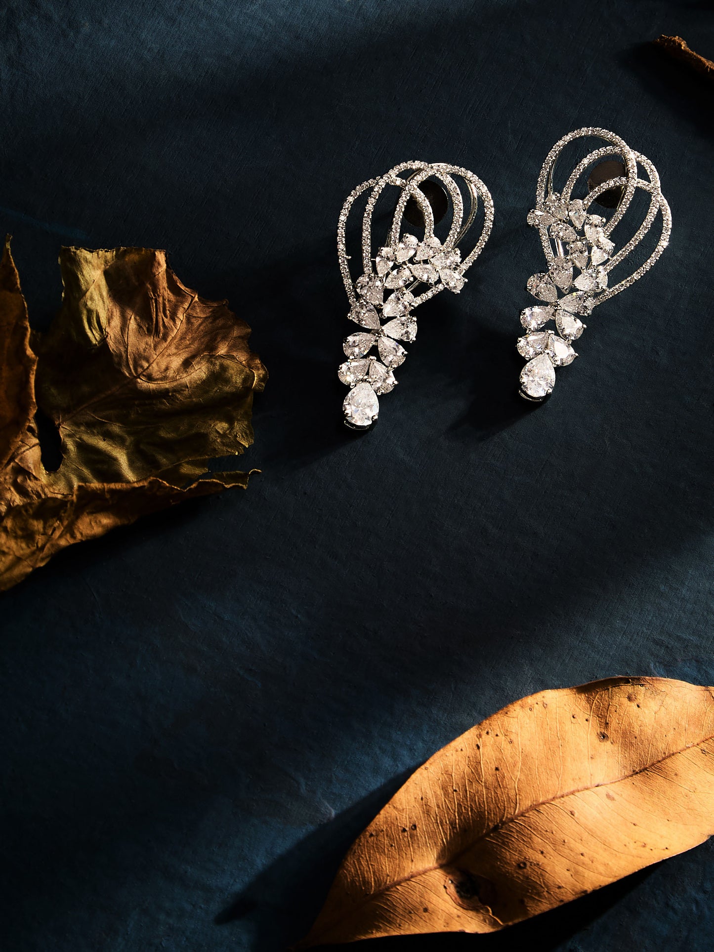 Rhodium-Plated American Diamond & CZ Studded Contemporary Drop Earrings