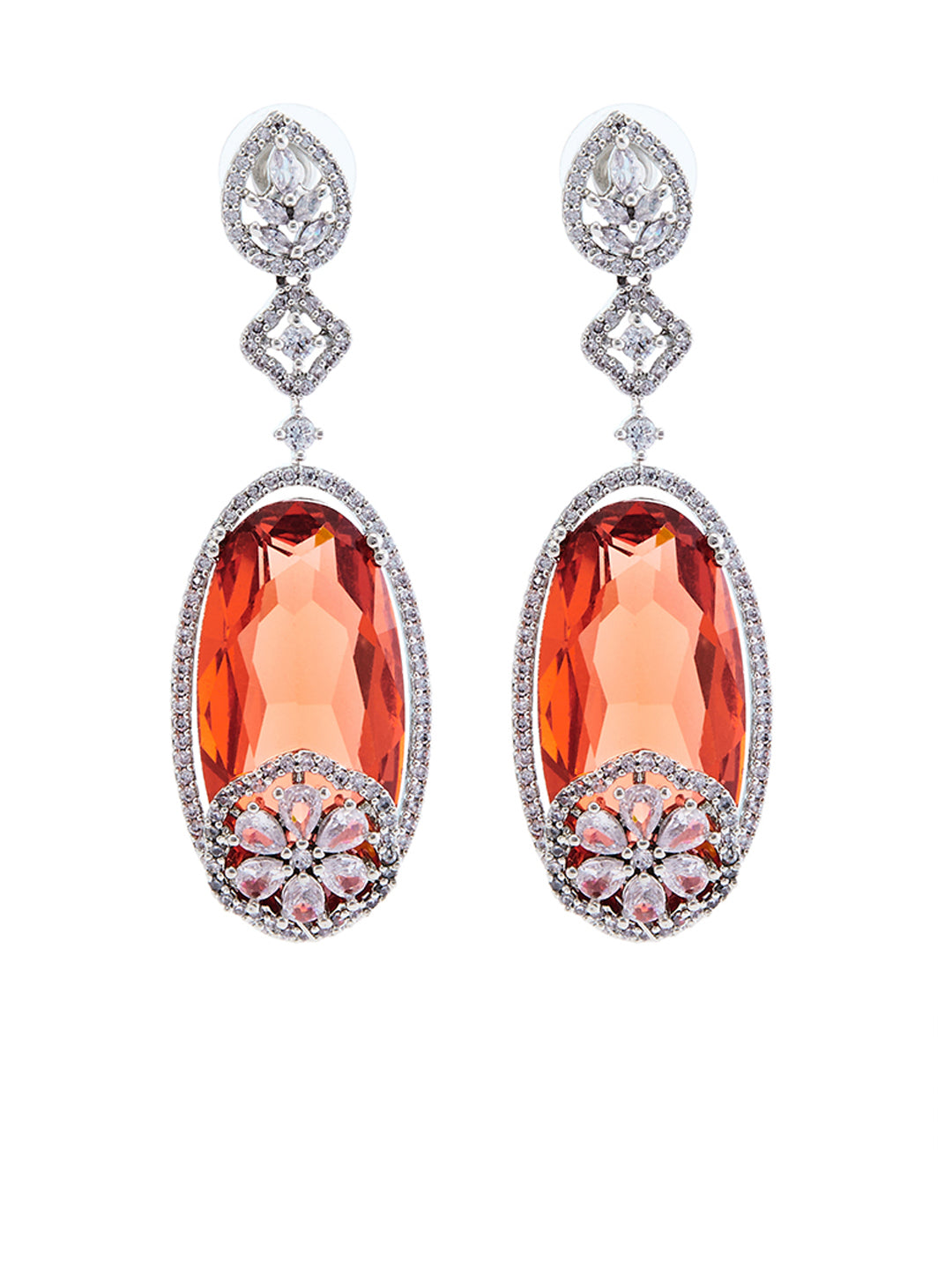 Rhodium-Plated AD & CZ Studded Oval Drop Earrings