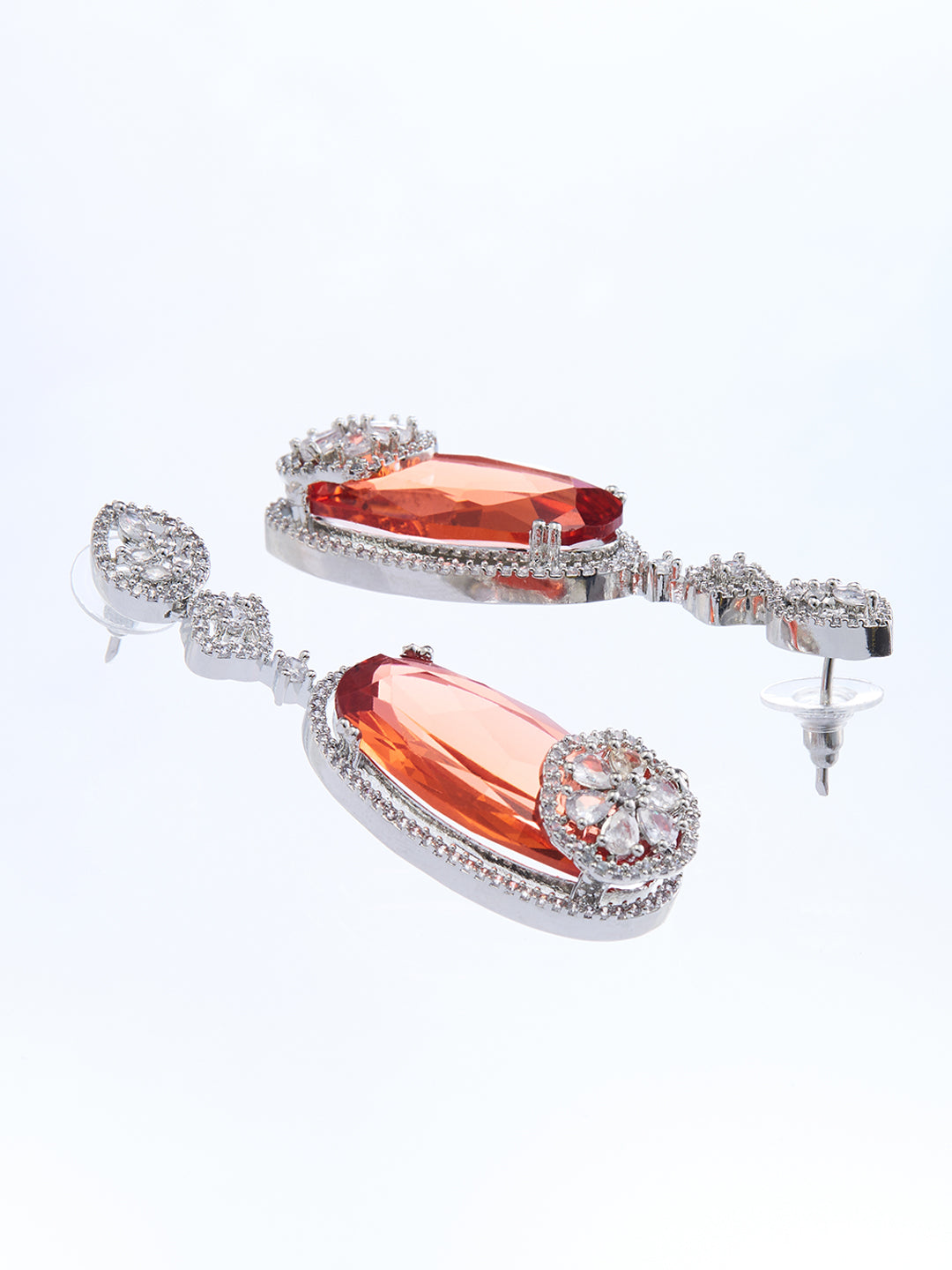 Rhodium-Plated AD & CZ Studded Oval Drop Earrings