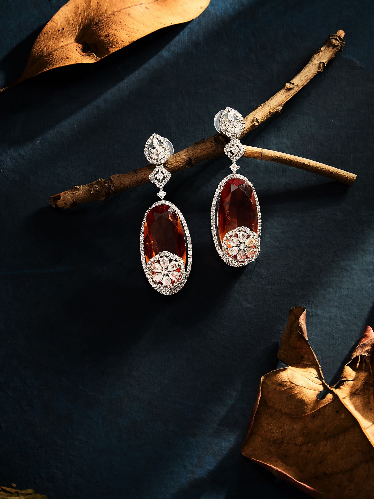 Rhodium-Plated AD & CZ Studded Oval Drop Earrings