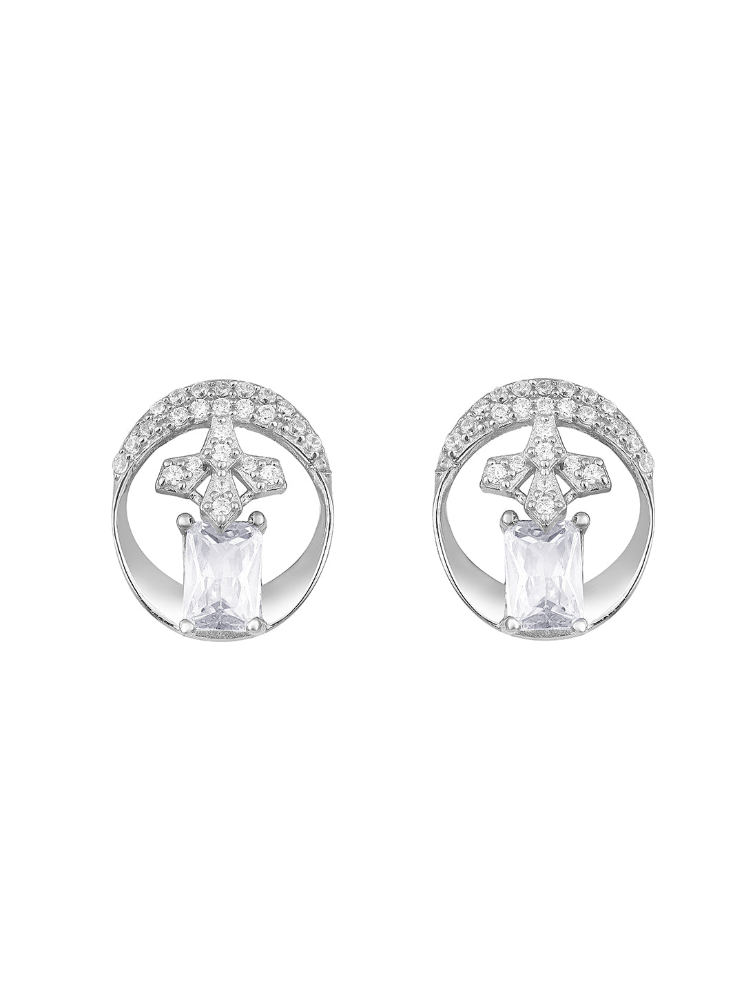 Sterling Silver Stud Earrings With Cubic Zirconia American Diamonds And Rhodium Plating.