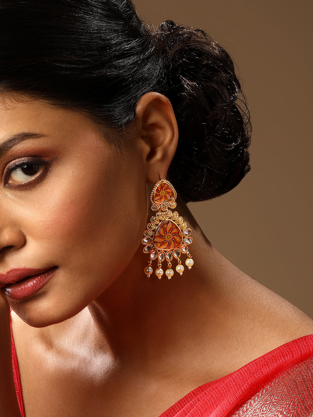 Gold Plated Multicolor Floral Printed Dangle Earring