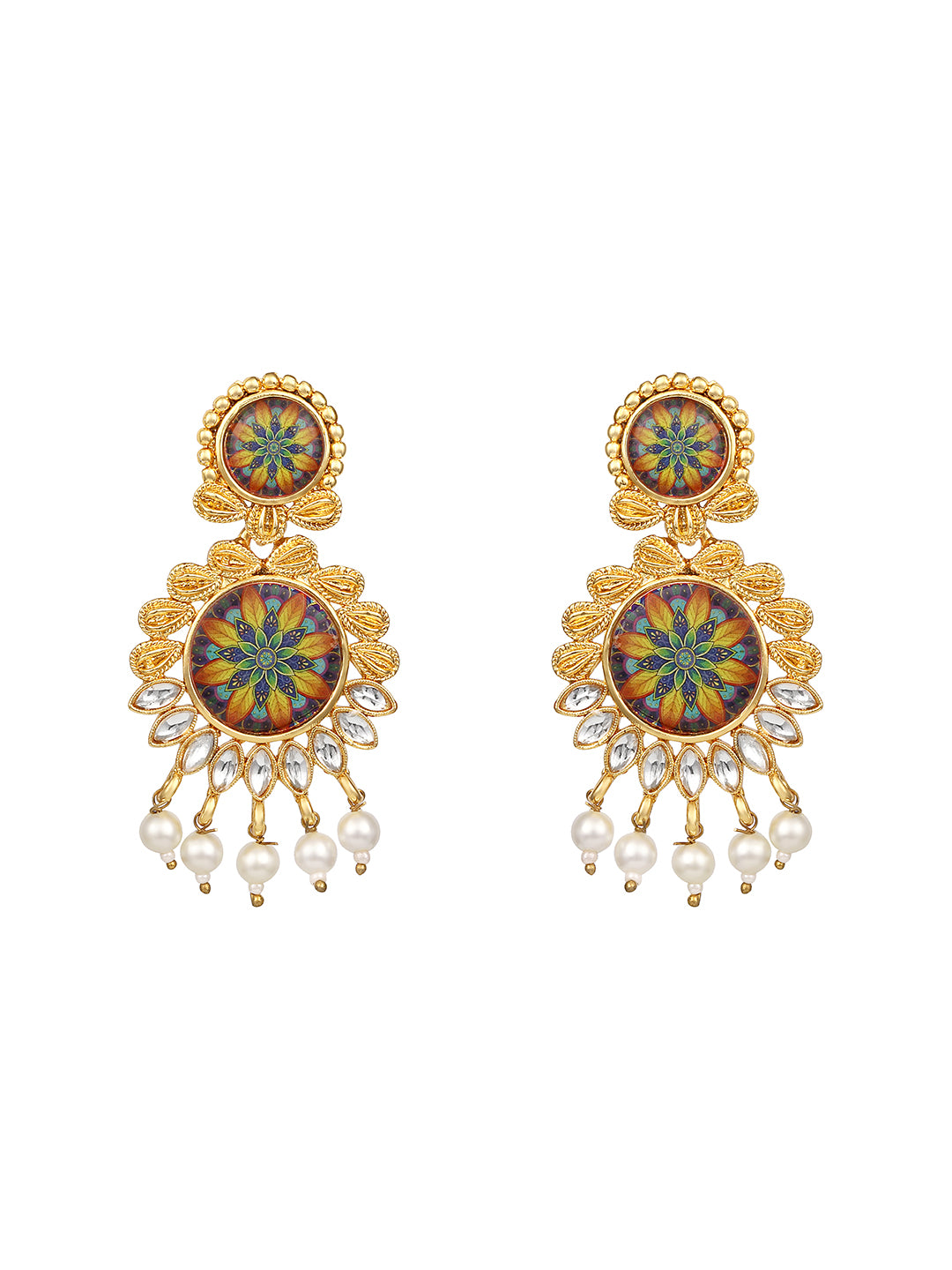 Gold Plated Multicolor Floral Printed Dangle Earring