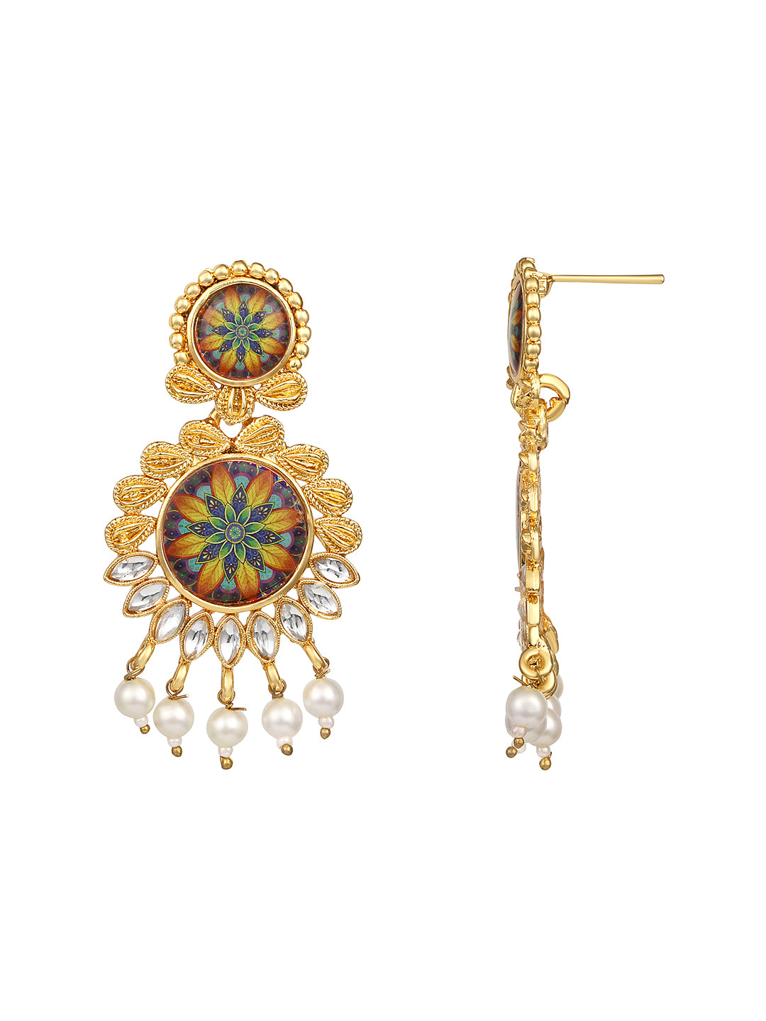 Gold Plated Multicolor Floral Printed Dangle Earring