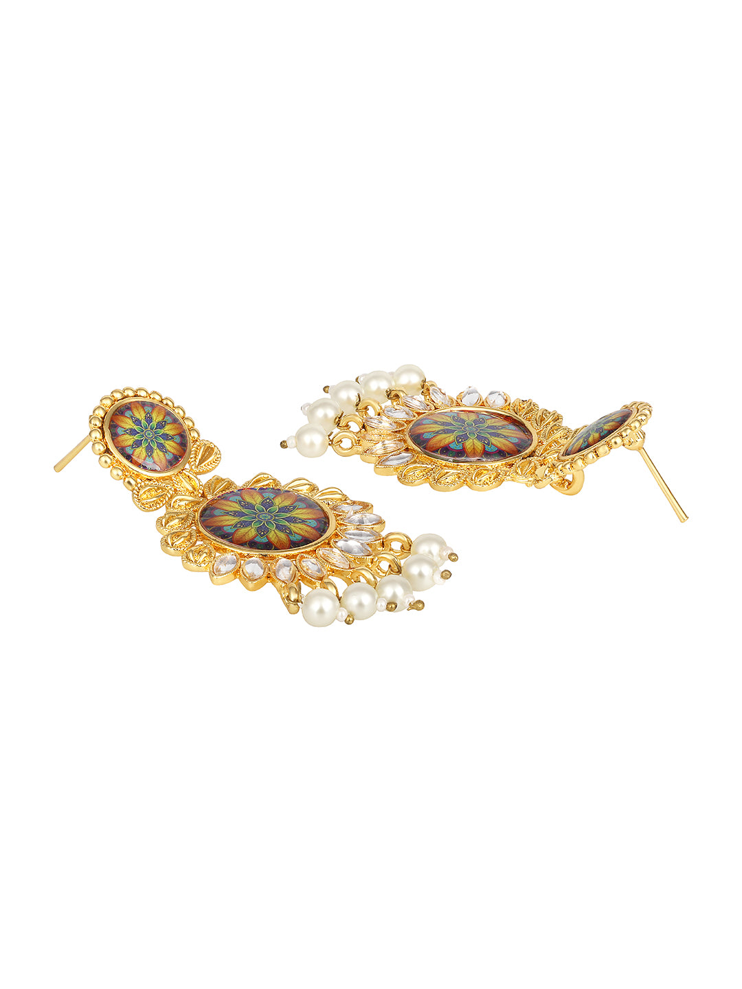Gold Plated Multicolor Floral Printed Dangle Earring
