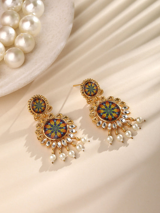 Gold Plated Multicolor Floral Printed Dangle Earring