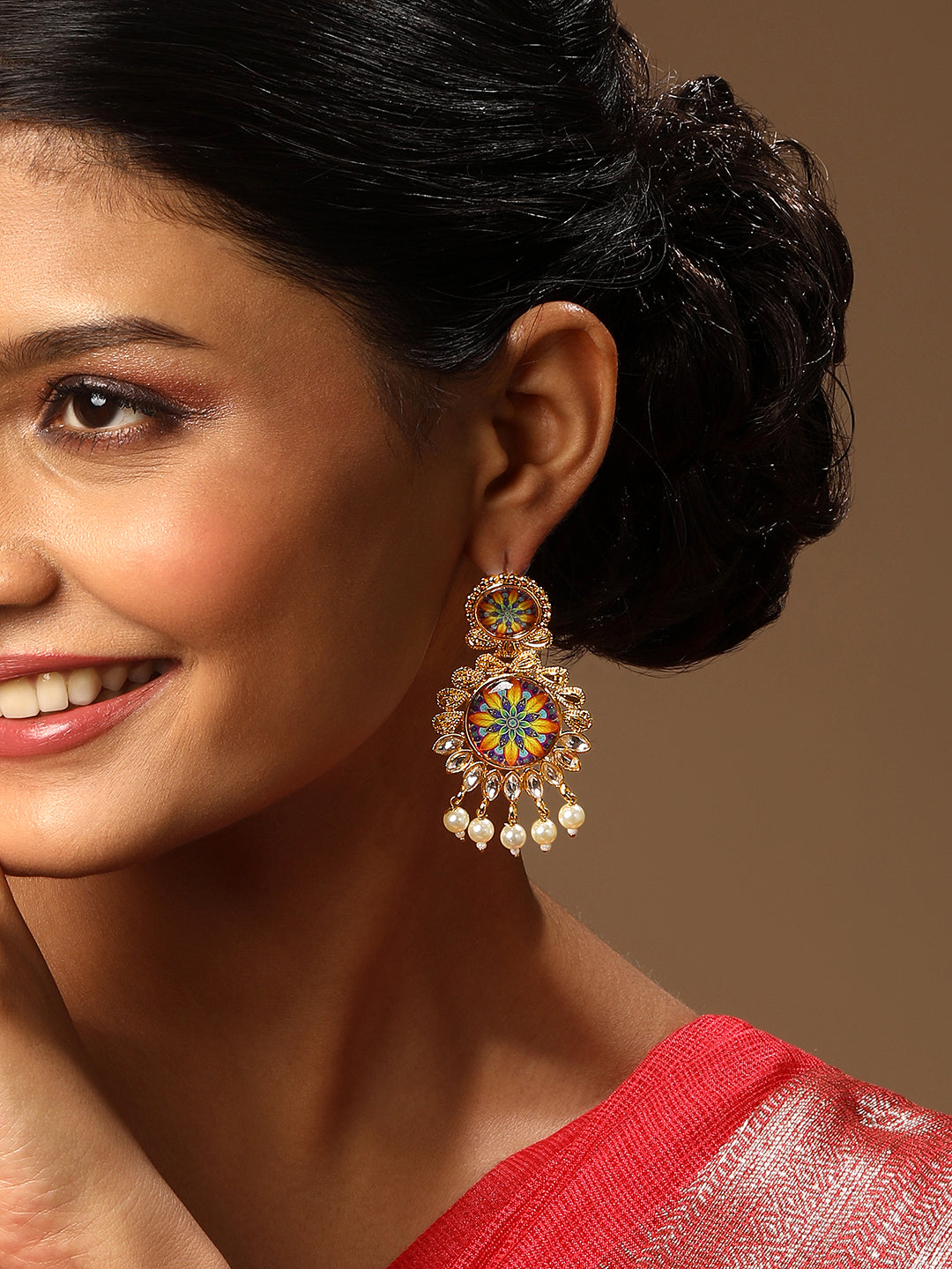 Gold Plated Multicolor Floral Printed Dangle Earring